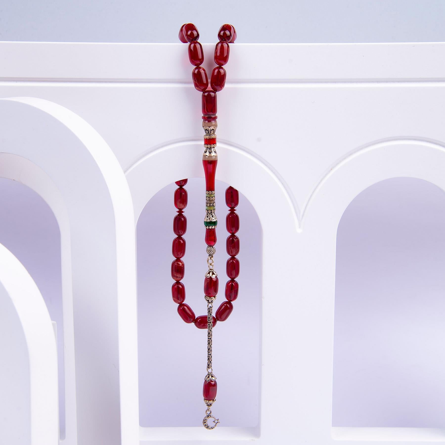 Silver Tasseled Nakkaş Imame Embroidered Capsule Model Fire Amber Rosary 1