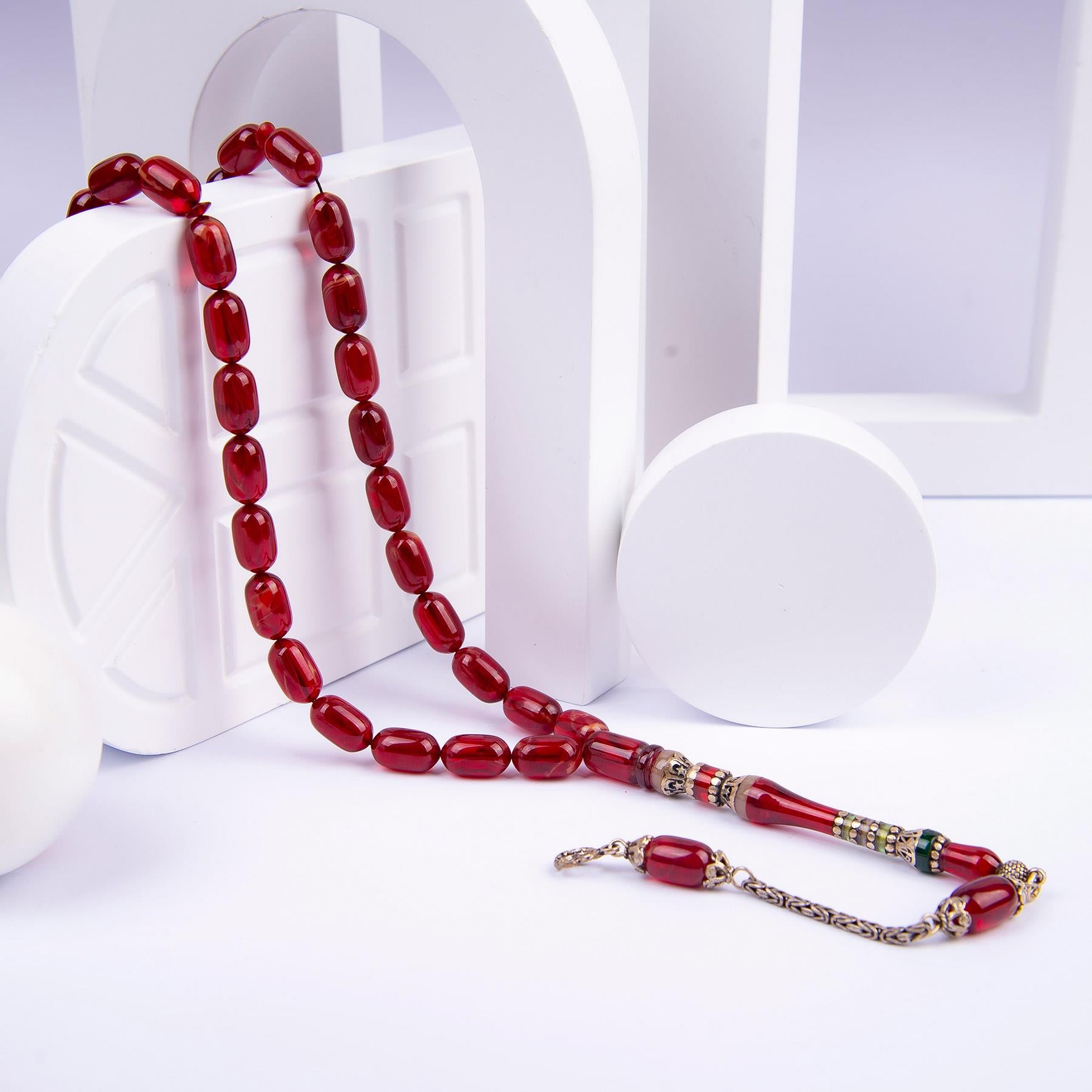 Silver Tasseled Nakkaş Imame Embroidered Capsule Model Fire Amber Rosary 2