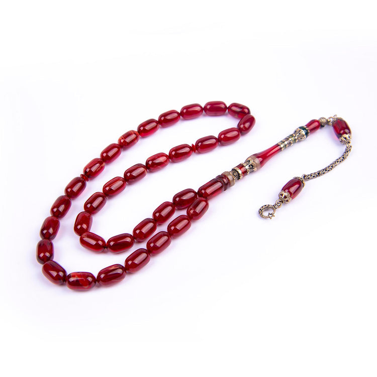 Silver Tasseled Nakkaş Imame Embroidered Capsule Model Fire Amber Rosary 4