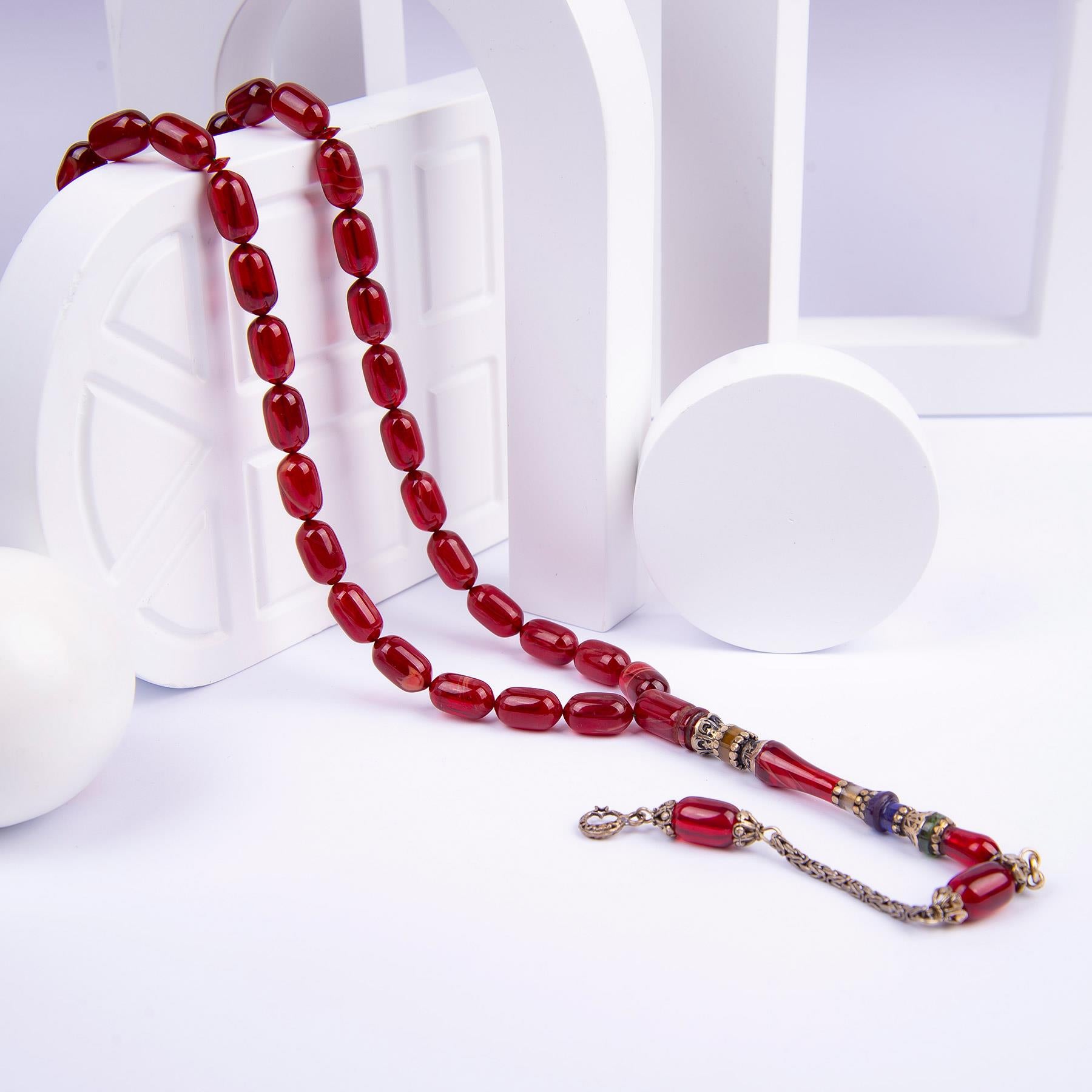 Silver Tasseled Nakkaş Imame Embroidered Capsule Model Fire Amber Rosary 1