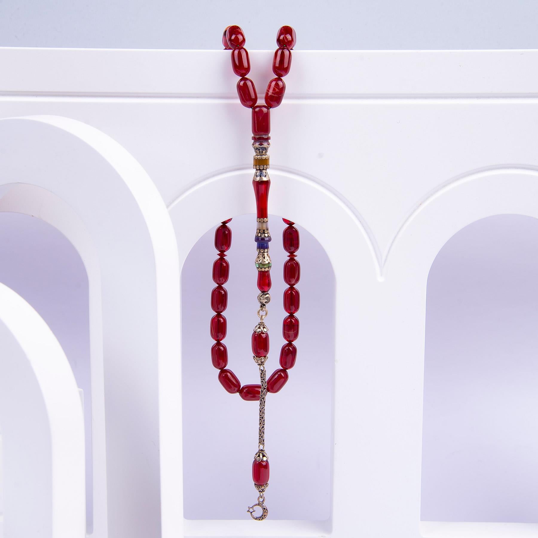 Silver Tasseled Nakkaş Imame Embroidered Capsule Model Fire Amber Rosary 2