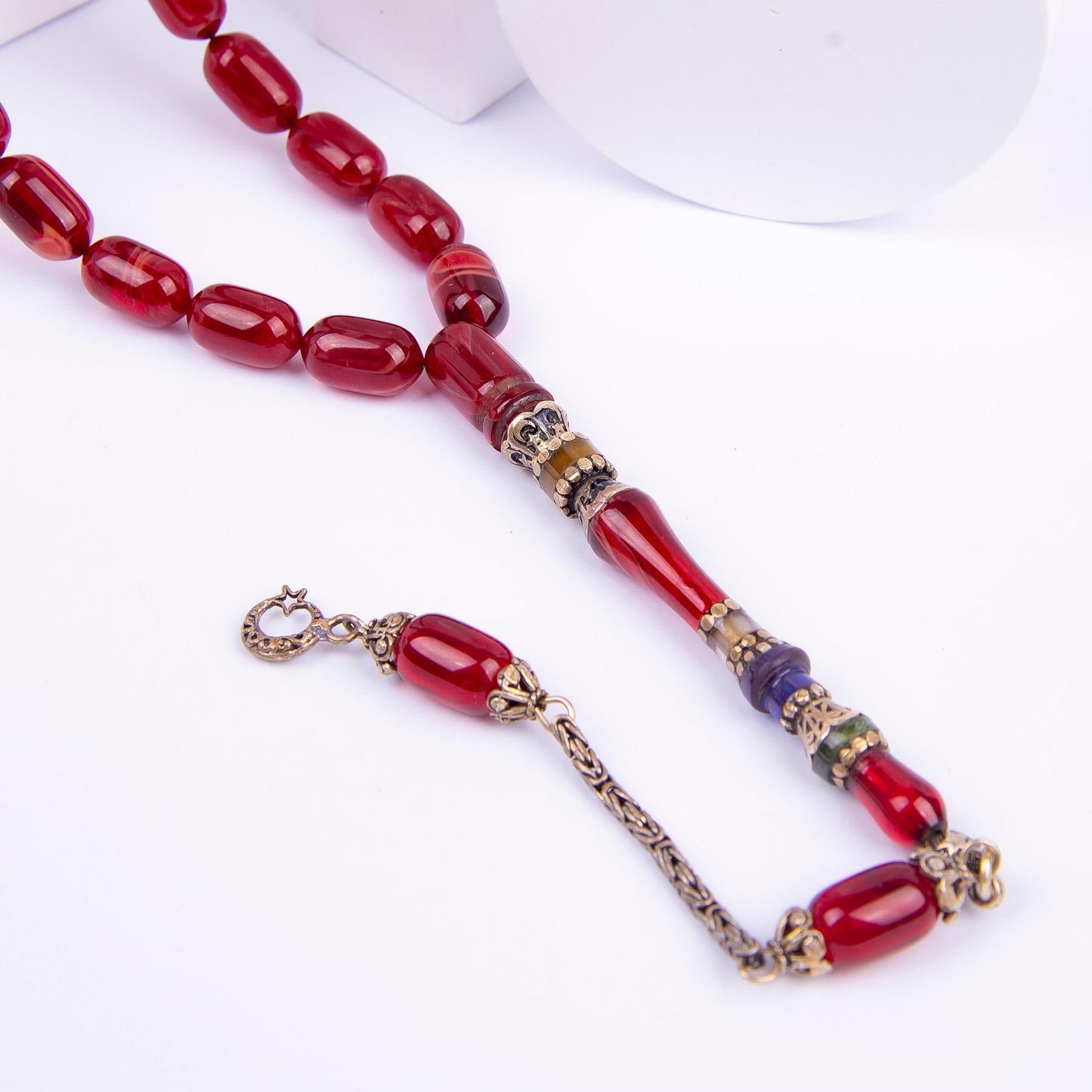 Silver Tasseled Nakkaş Imame Embroidered Capsule Model Fire Amber Rosary 3