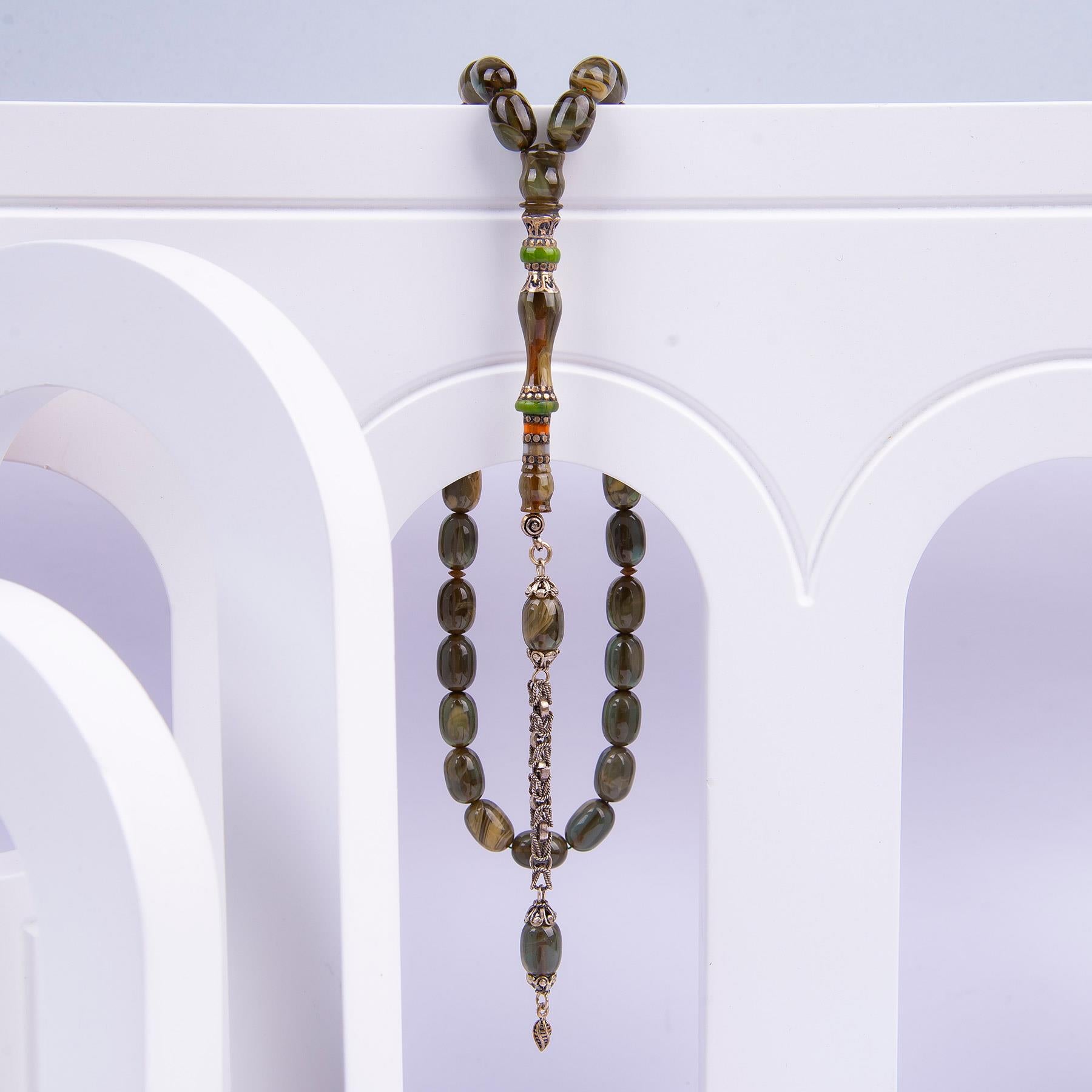 Ve Tesbih Embroidered Capsule Model Pressed Amber Prayer Beads 1