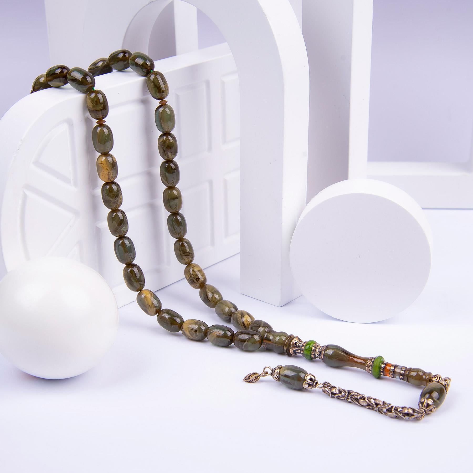 Ve Tesbih Embroidered Capsule Model Pressed Amber Prayer Beads 2