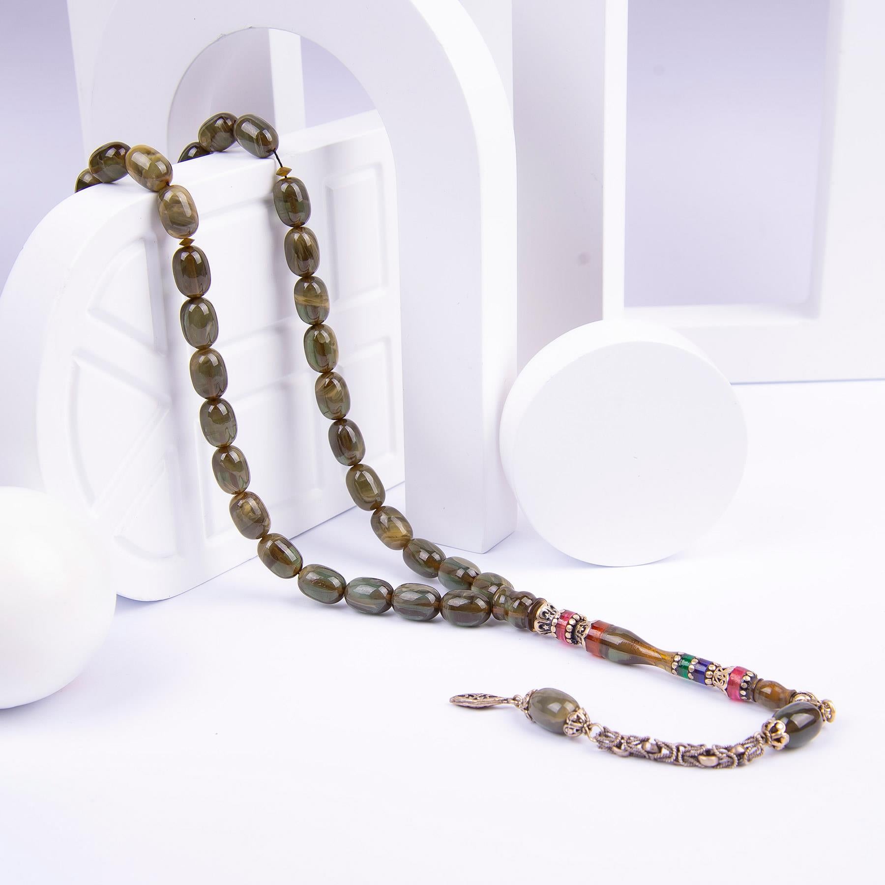 Ve Tesbih Embroidered Capsule Model Pressed Amber Prayer Beads 1