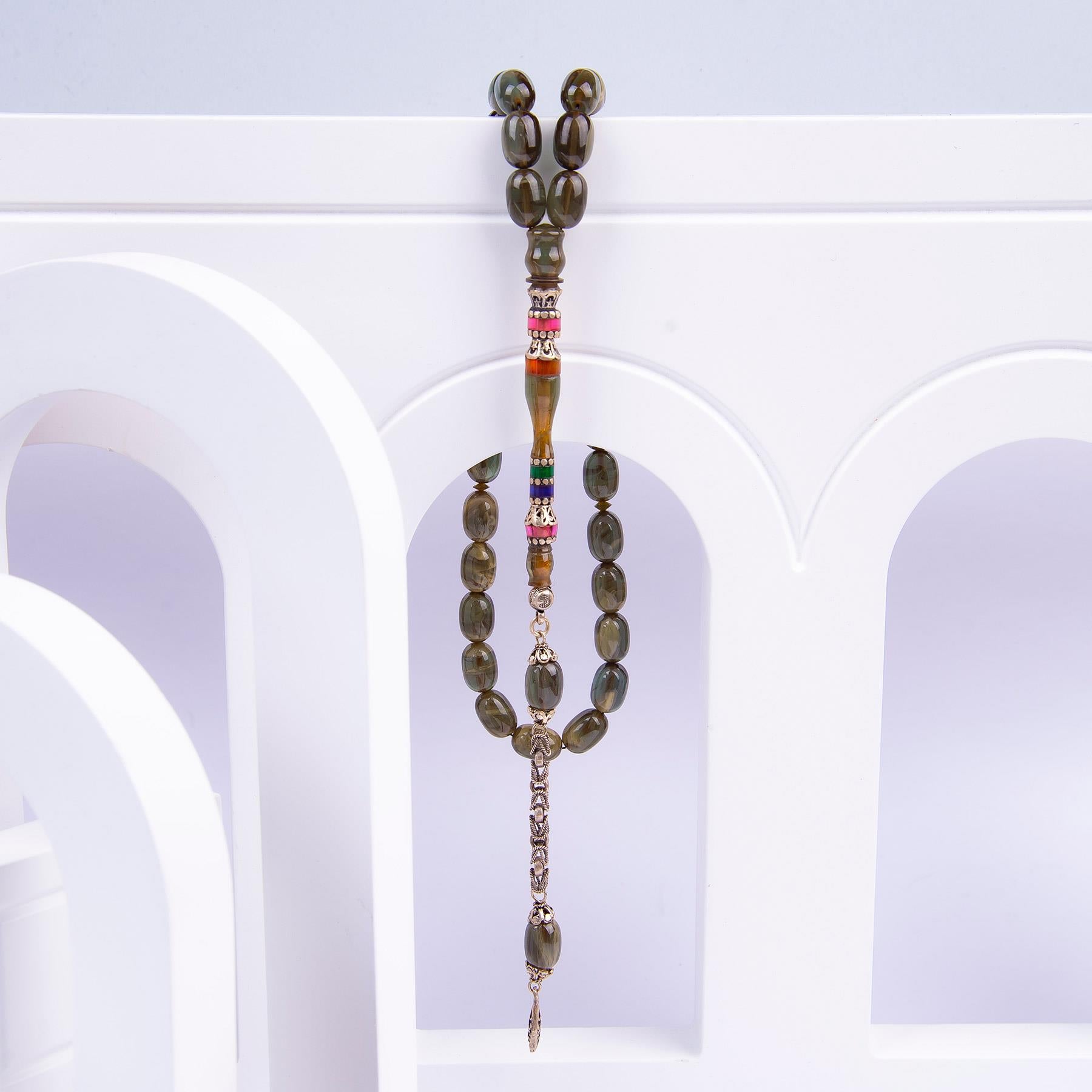 Ve Tesbih Embroidered Capsule Model Pressed Amber Prayer Beads 2