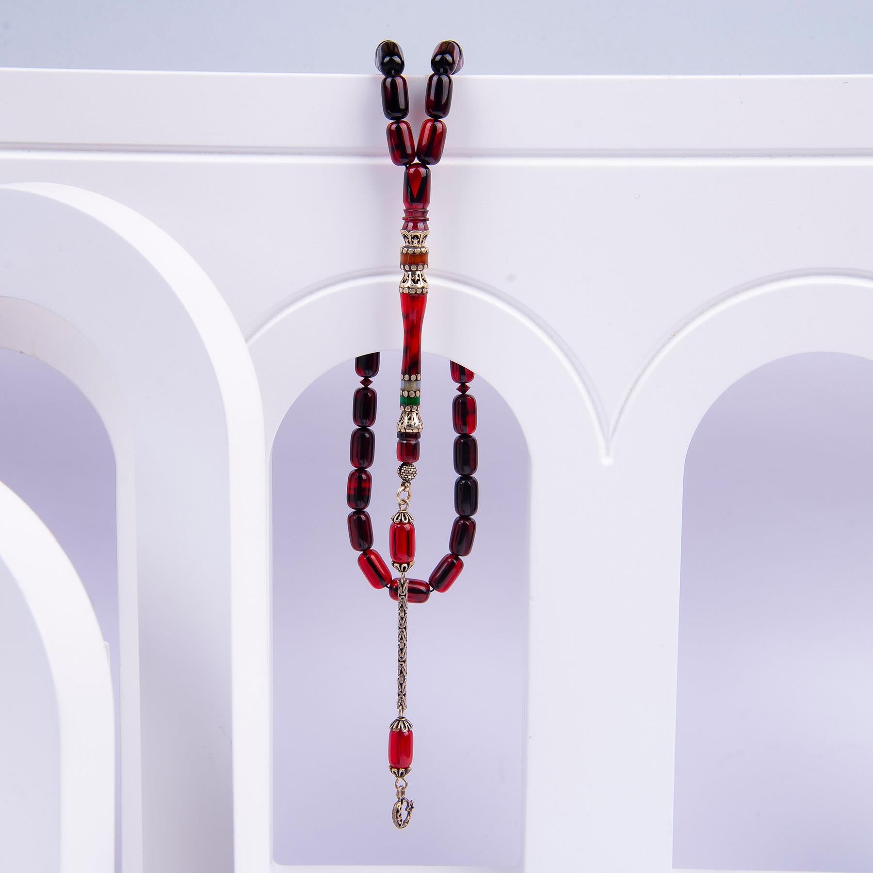 Silver Tasseled Nakkaş Imame Capsule Cut Fire Amber Prayer Beads 1