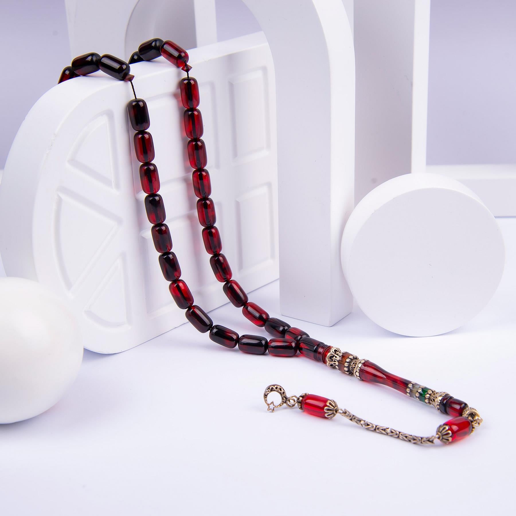 Silver Tasseled Nakkaş Imame Capsule Cut Fire Amber Prayer Beads 2