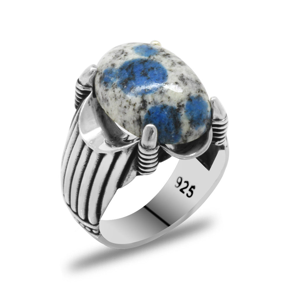 Genuine Blue-White Coral Stone925 Sterling Silver Men's Ring