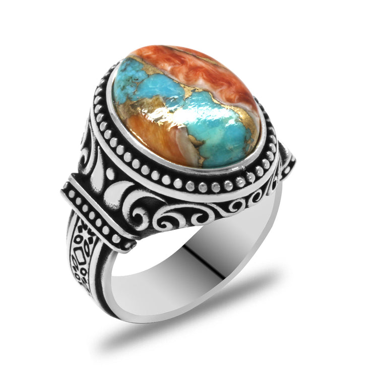  Silver Men's Ring with Fine Coral Stone