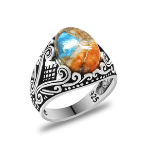 Silver Men's Ring with Fine Coral Stone