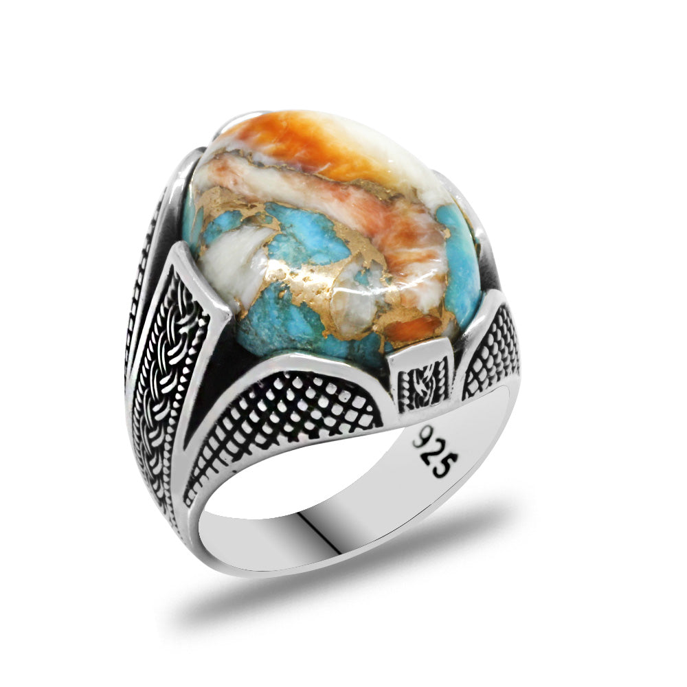 Silver Men's Ring with Fine Coral Stone