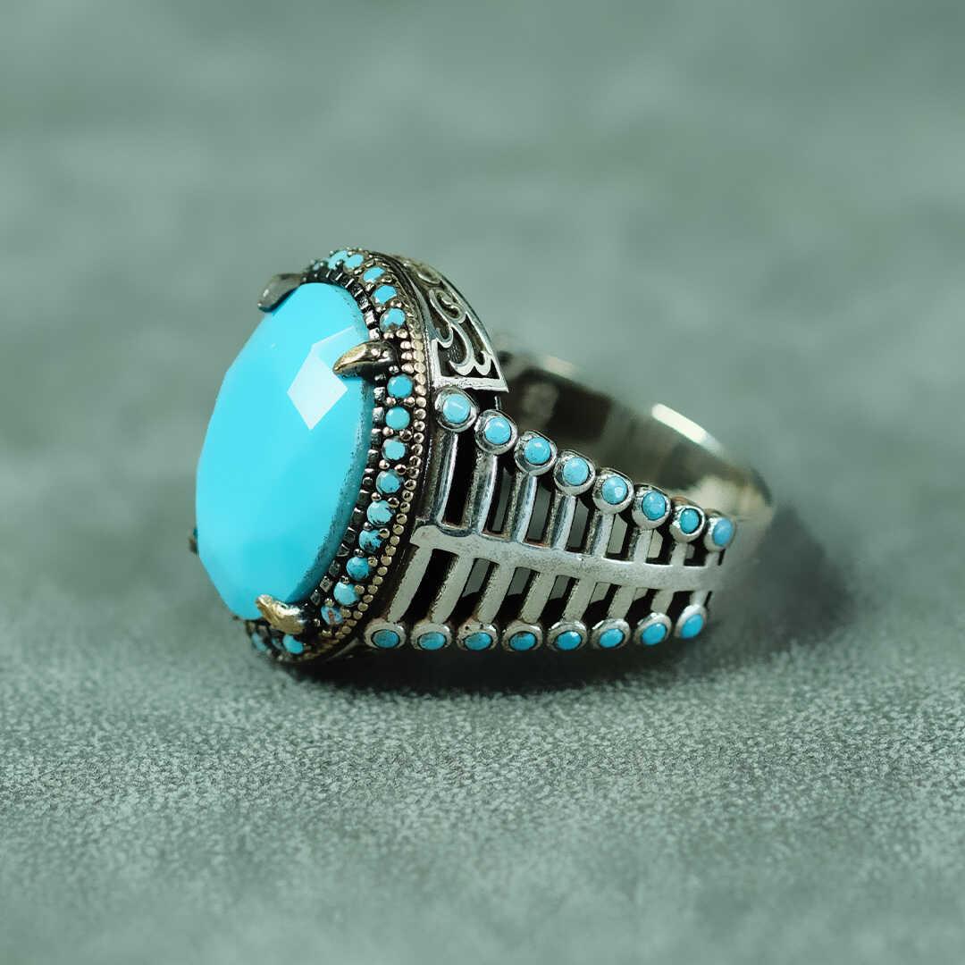  Cage Model Turquoise Stone 925 Sterling Silver Men's Ring 2