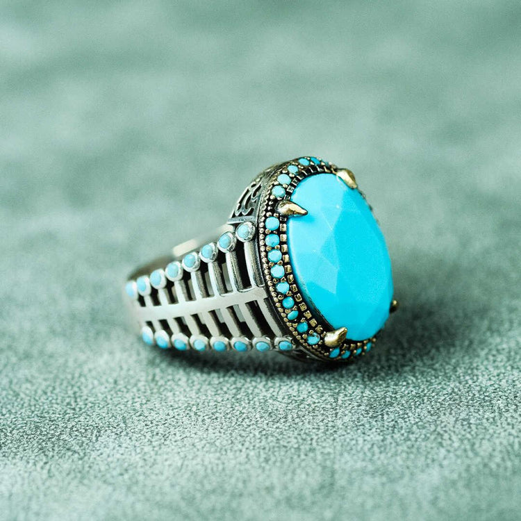  Cage Model Turquoise Stone 925 Sterling Silver Men's Ring 3