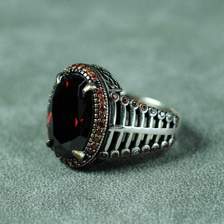 Cage Model Red Zircon Stone 925 Sterling Silver Men's Ring 2