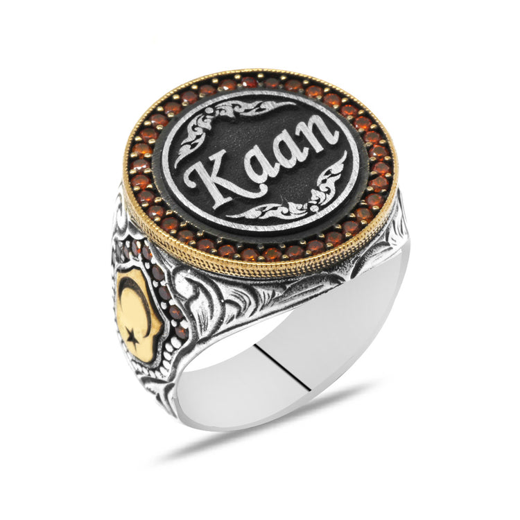 925 Sterling Silver Men's Ring with Crescent and Star Detail and Personalized Name Written