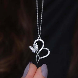 Ve Tesbih Heart and Butterfly Silver Necklace 