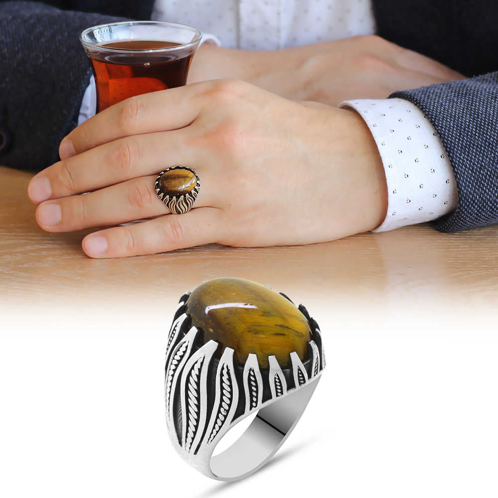 Flame Design 925 Sterling Silver Native American Ring with Tiger Eye Stone