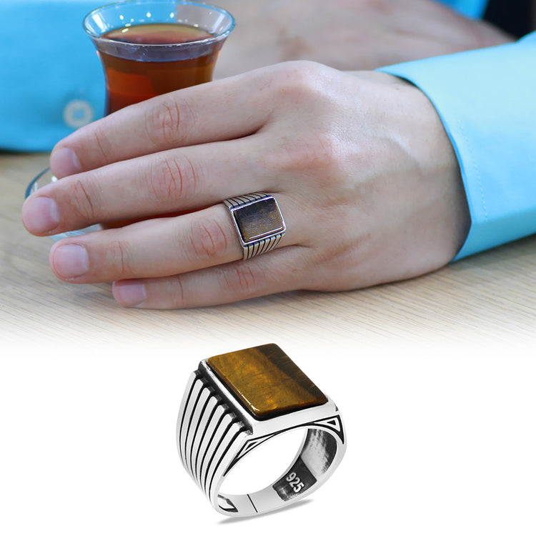 925 Sterling Silver Men's Ring with Tiger Eye Stone