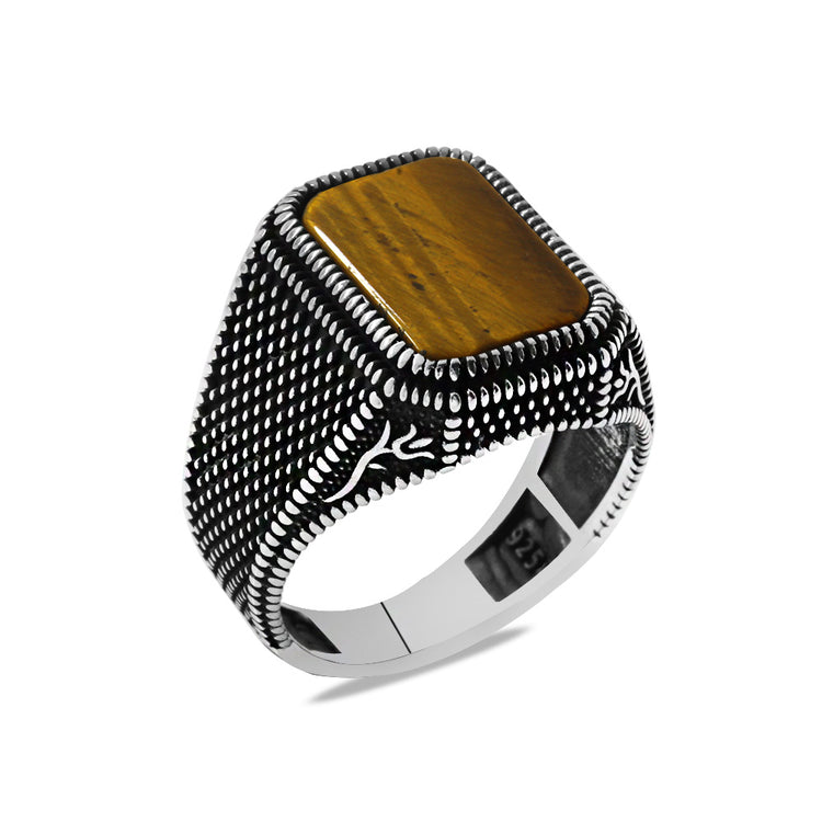 Tiger Eye Stone Tulip Embroidered 925 Sterling Silver Men's Ring