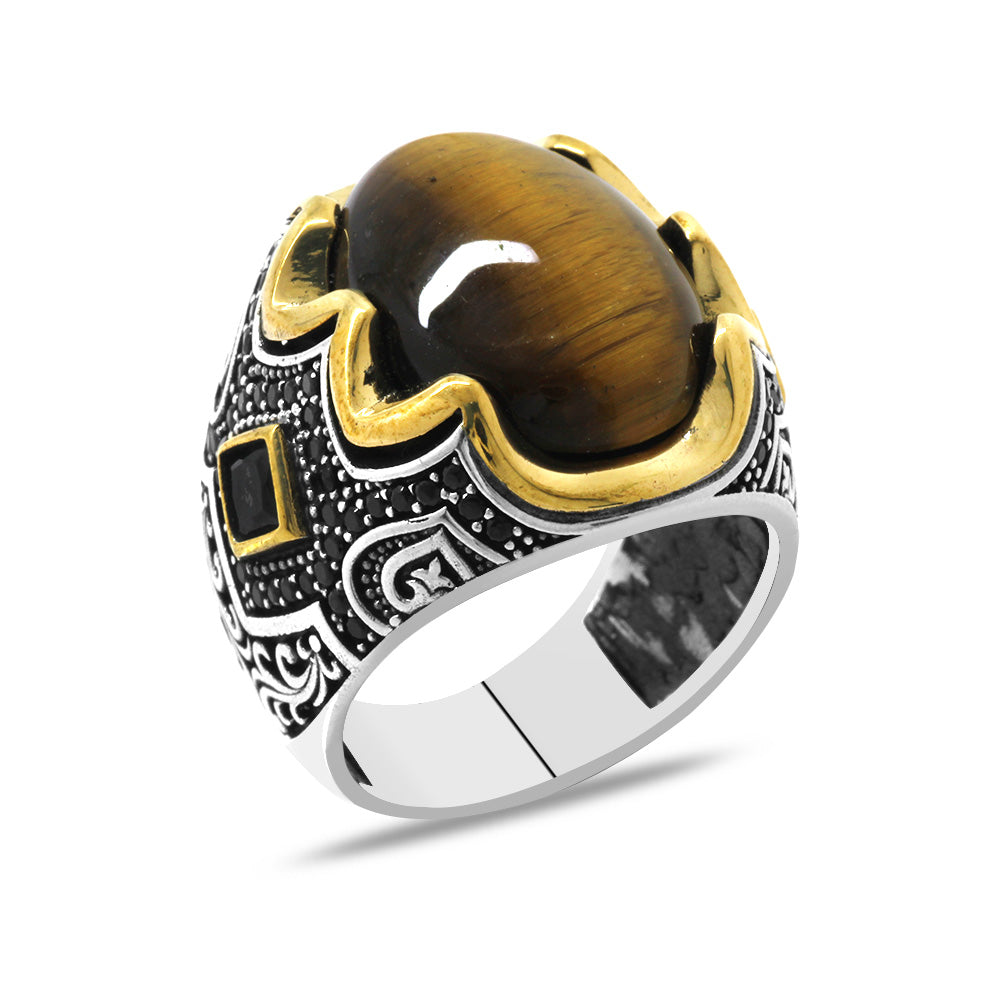 Silver Men Ring with Tiger Eye Stone and Engraving on the Sides