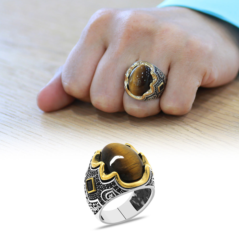 Silver Men Ring with Tiger Eye Stone and Engraving on the Sides