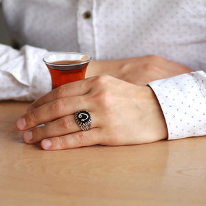 Handcrafted 925 Sterling Silver Ring with Mother-of-Pearl on Tortoiseshell with Tulip"و" Motif