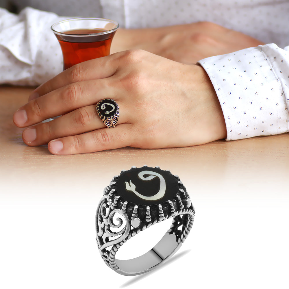 925 Sterling Silver Ring with Mother-of-Pearl Inlay on Tortoiseshell with Tulip"و" Motif