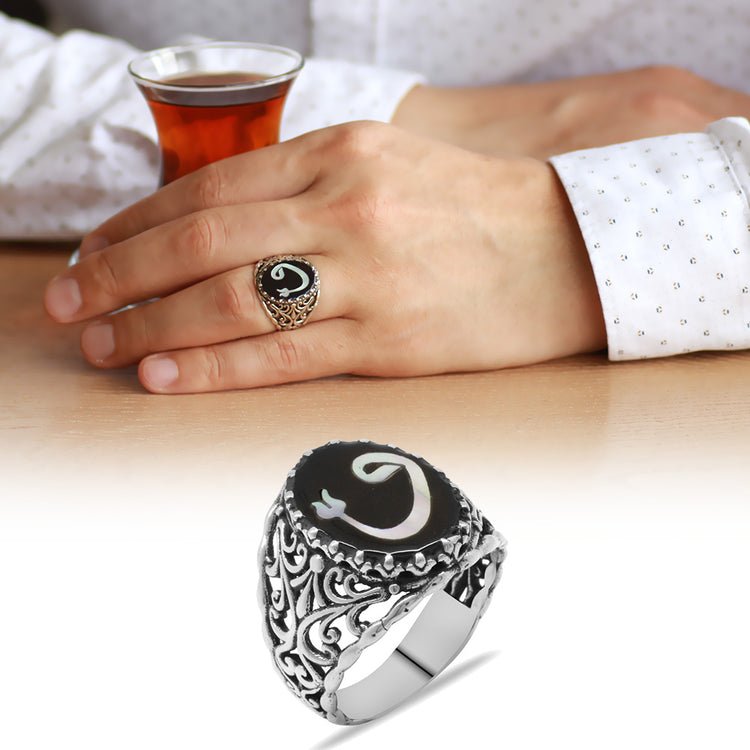 Handcrafted 925 Sterling Silver Ring with Mother-of-Pearl Inlay on Tortoiseshell and Tulip 'و' Motif 