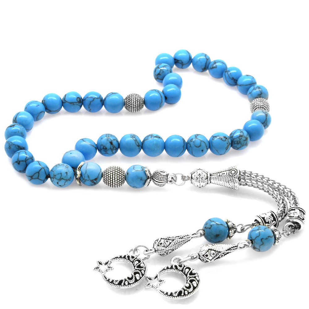 Turquoise Natural Stone Prayer Beads with Crescent and Star Tassels
