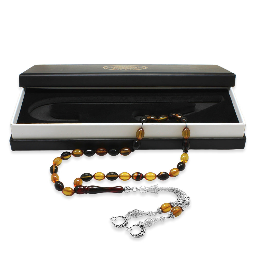 Tarnish Resistant Metal Barley Cut Bala-Black Fire Amber Rosary with Star and Crescent Tassels