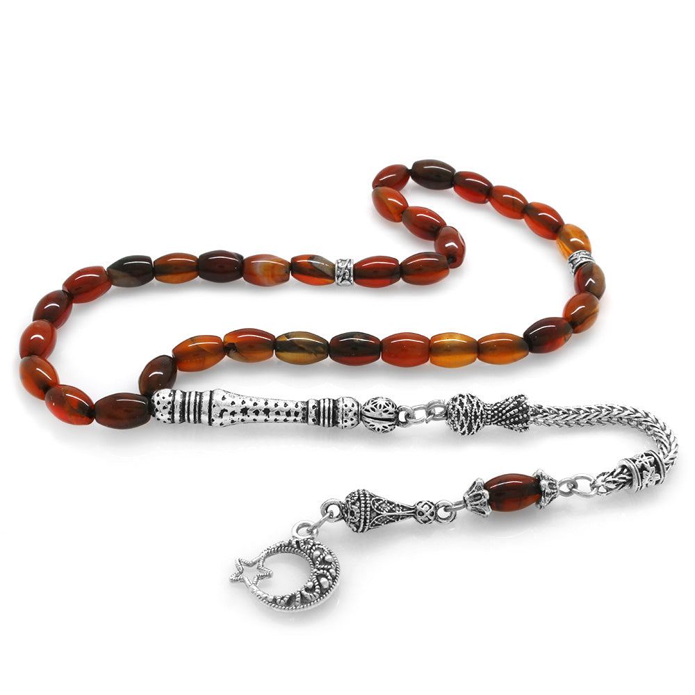Tarnish Resistant Red Agate Rosary with Star,Crescent Tassels