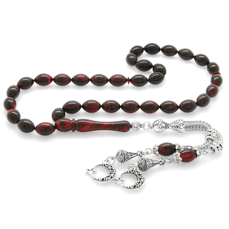 Tarnish Resistant Metal Red-Black Fire Amber Rosary with Star and Crescent Tassels