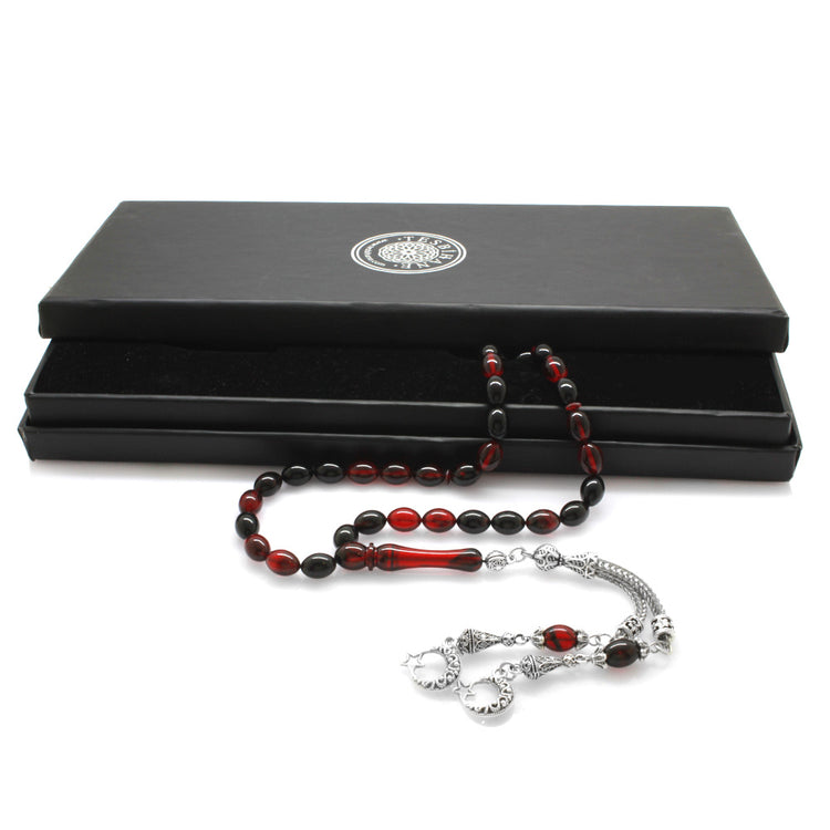 Red-Black Fire Amber Rosary with Star and Crescent Tassels