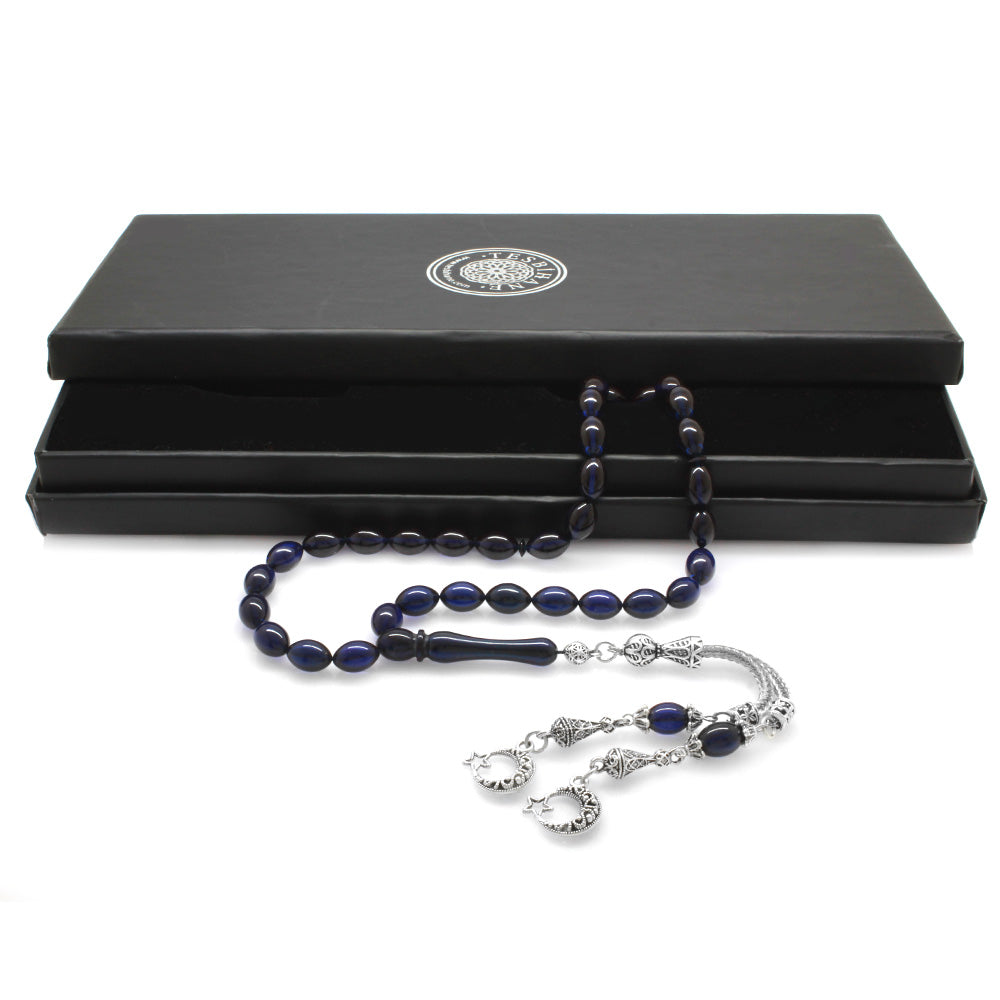 Dark Blue Amber Rosary with Star and Crescent Tassels