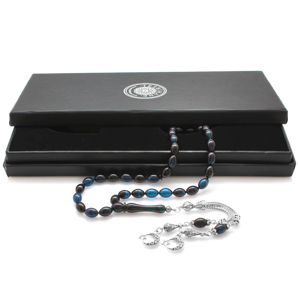 Blue-Black Amber Rosary with Star and Crescent Tassels