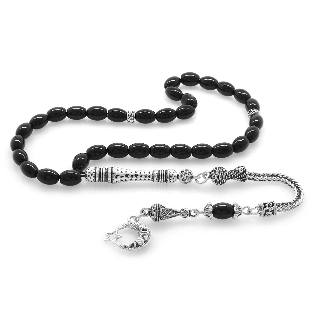 Tarnish-proof Metal Barley Cut Onyx Natural Stone Prayer Beads with Star and Crescent Tassels