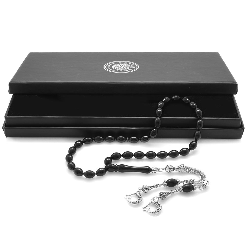 Black Amber Rosary with Star and Crescent Tassels