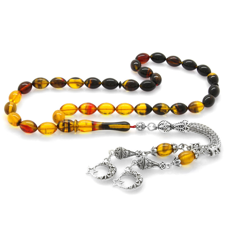 Tarnish Resistant  Filtered Bala-Black Fire Amber Rosary with Star and Crescent Tassels