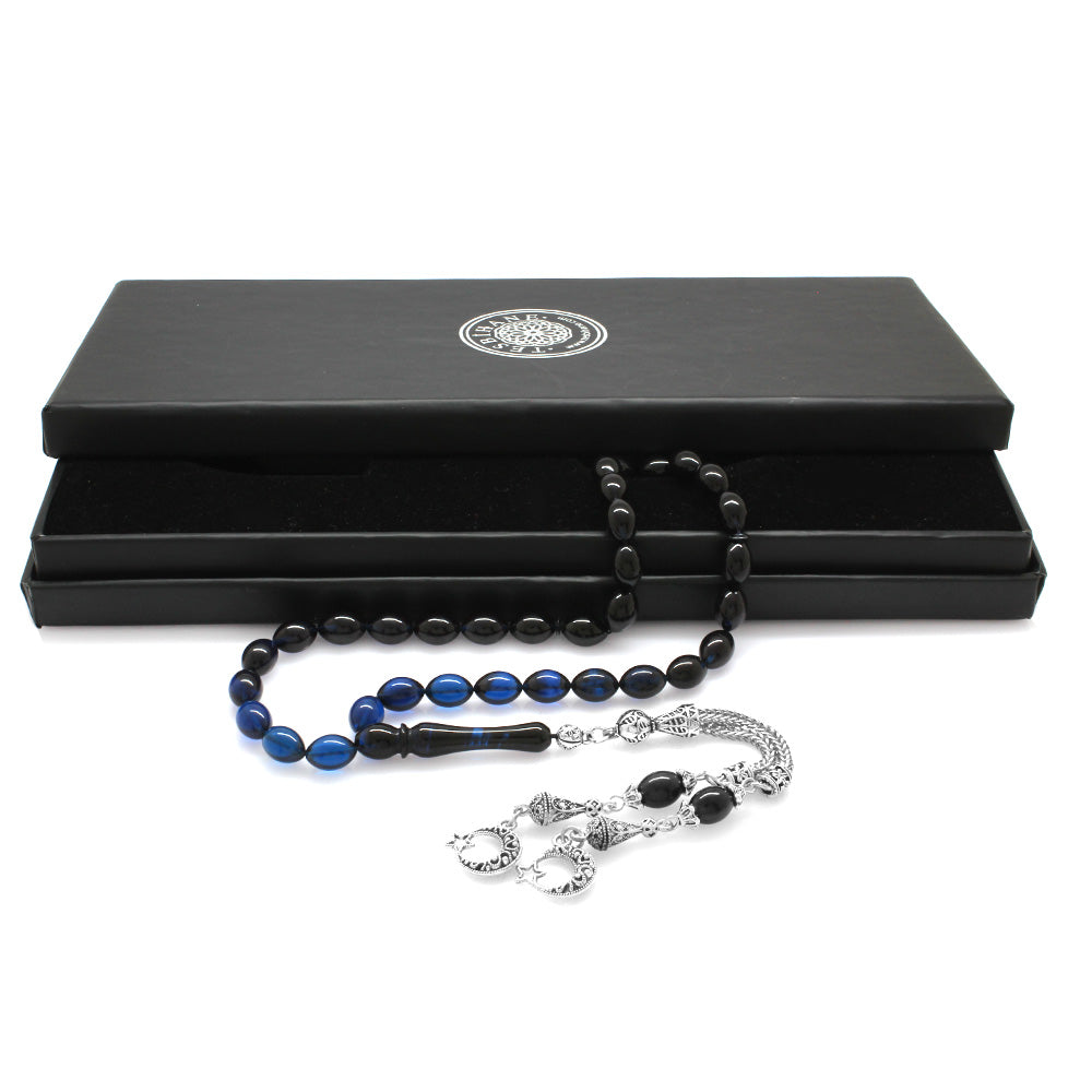 Blue-Black Amber Rosary with Star and Crescent Tassels