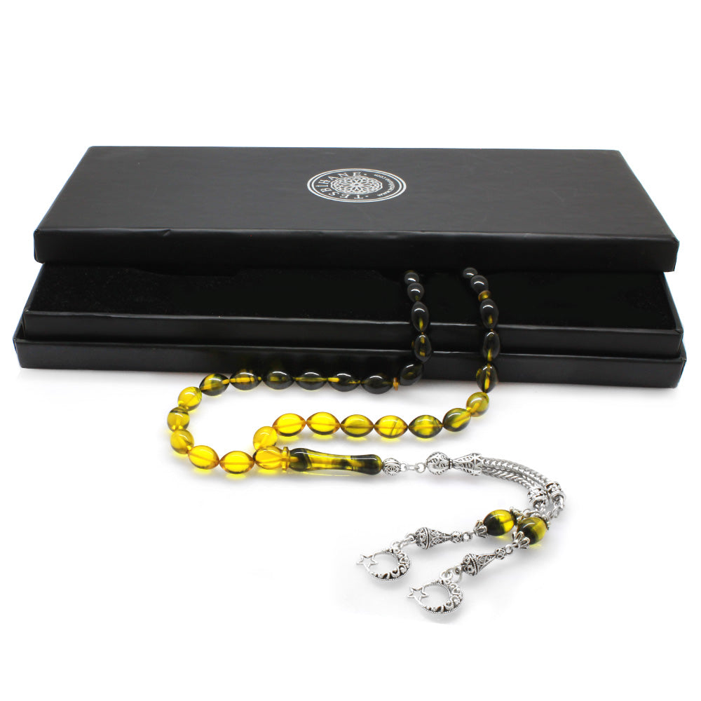Yellow-Black Amber Rosary with Star and Crescent Tassels