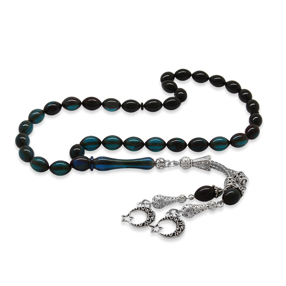 Turquoise-Black Fire Amber Rosary with Star and Crescent Tassels