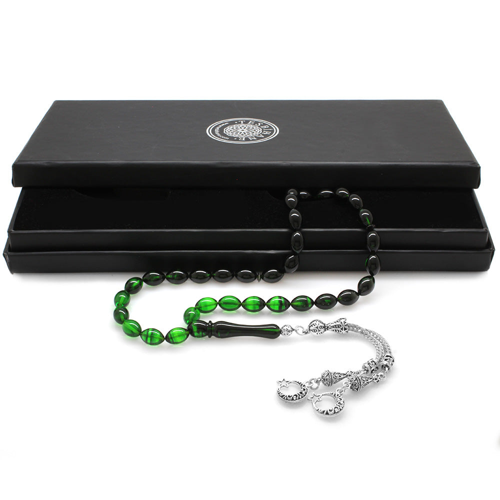 Green-Black Amber Rosary with Star and Star Tassels