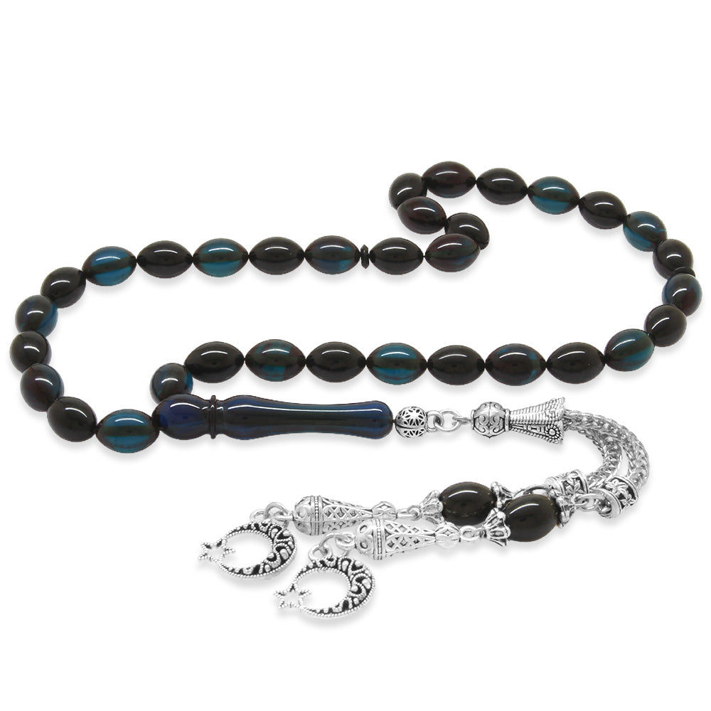  Turquoise-Black Fire Amber Rosary with Star and Crescent Tassels