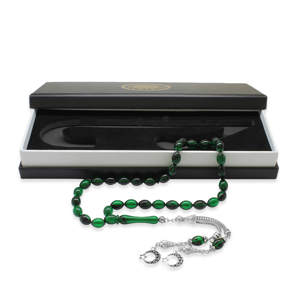 Tarnish Resistant Metal Barley Cut Green-Black Fire Amber Rosary with Star and Crescent Tassels
