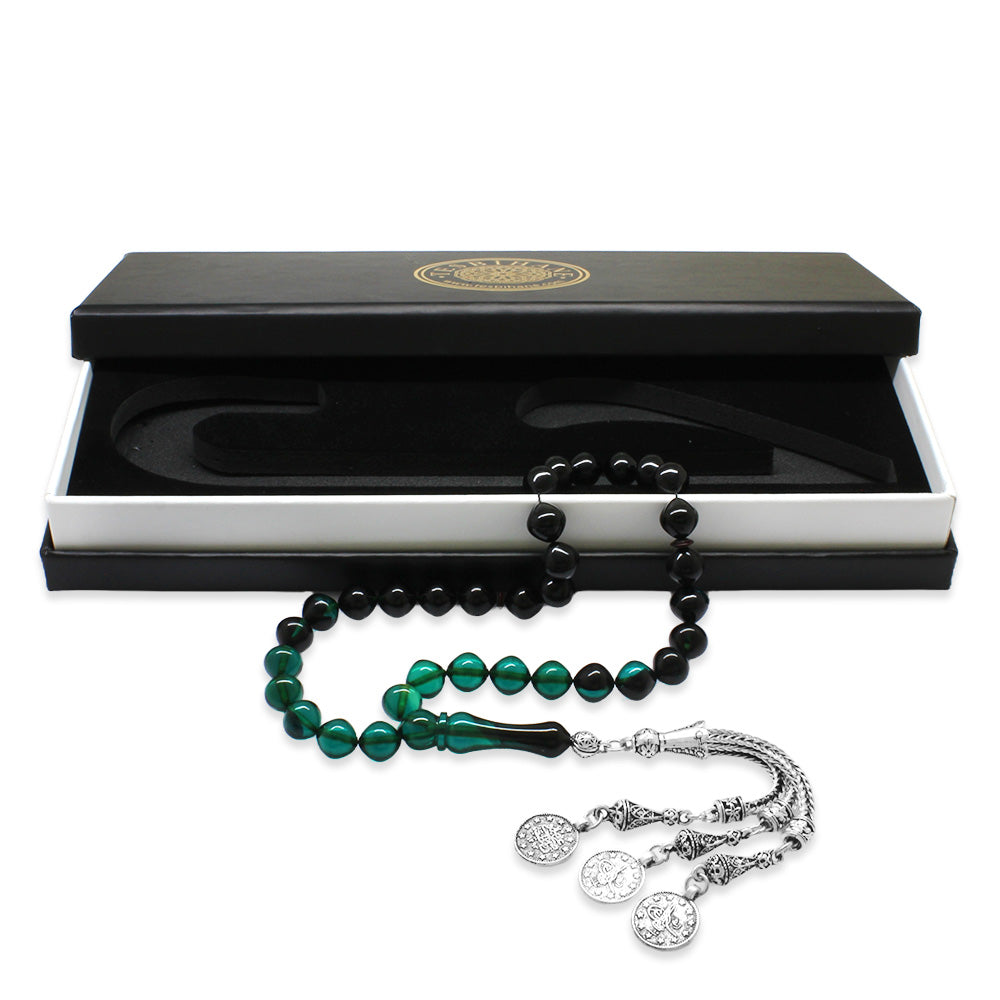 Crescent and Star Turquoise-Black Amber Rosary