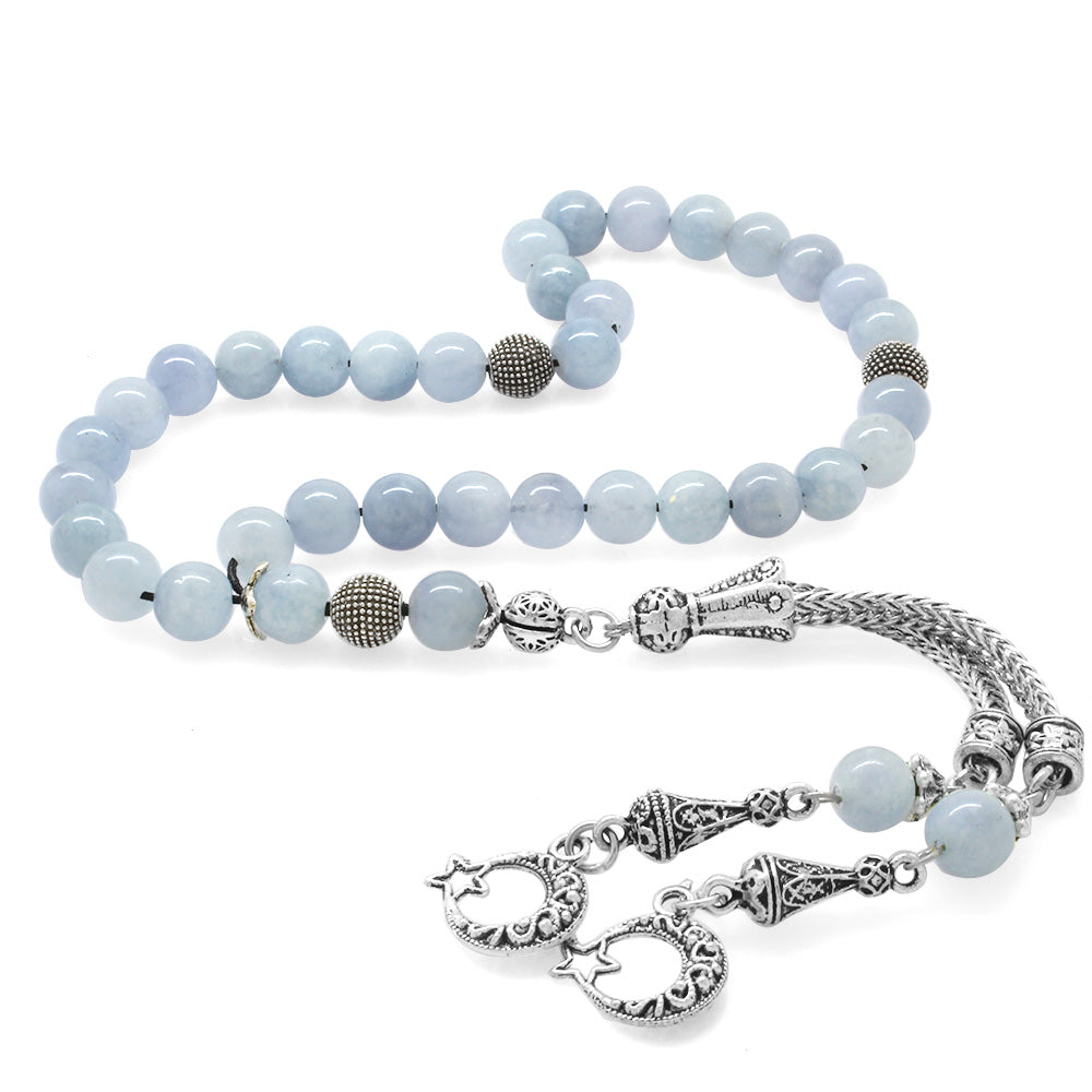 Aquamarin Natural Stone Prayer Beads with Star and Crescent Tassels