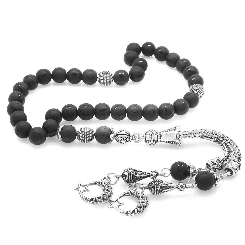 Crescent and Star Patterned Onyx Natural Stone Prayer Beads with Crescent and Star Tassels
