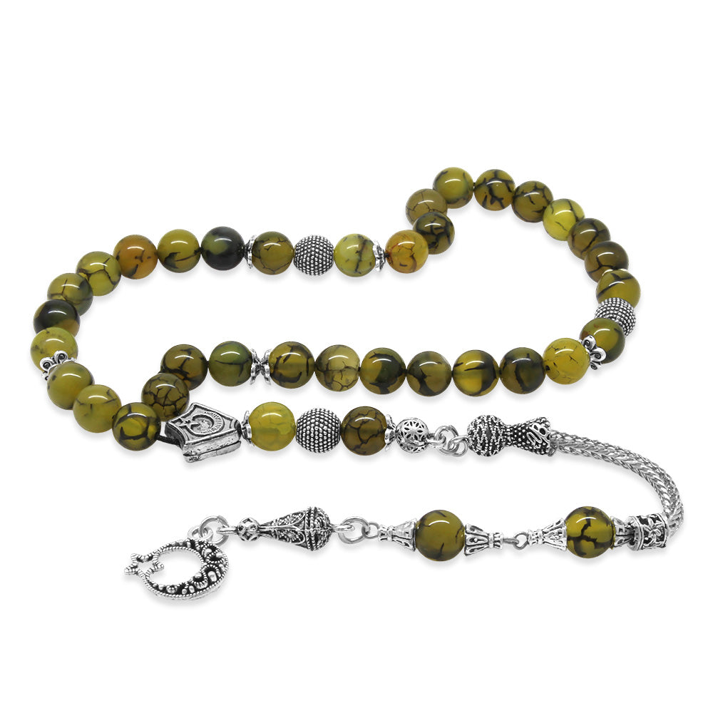 Moss Green Agate Stone Rosary with Tarnish-Free Tassels,Veins