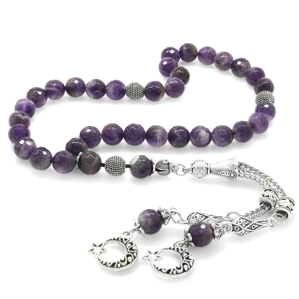 Tarnish-proof Metal Sphere Cut Faceted Amethyst Natural Stone Prayer Beads with Crescent and Star Tassels